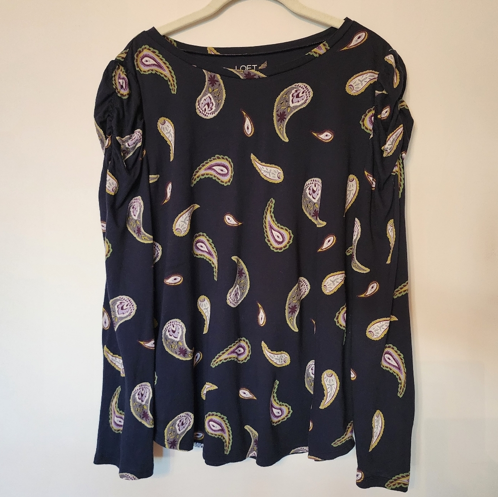 LOFT size Large, long sleeve navy blue and paisley design shirt